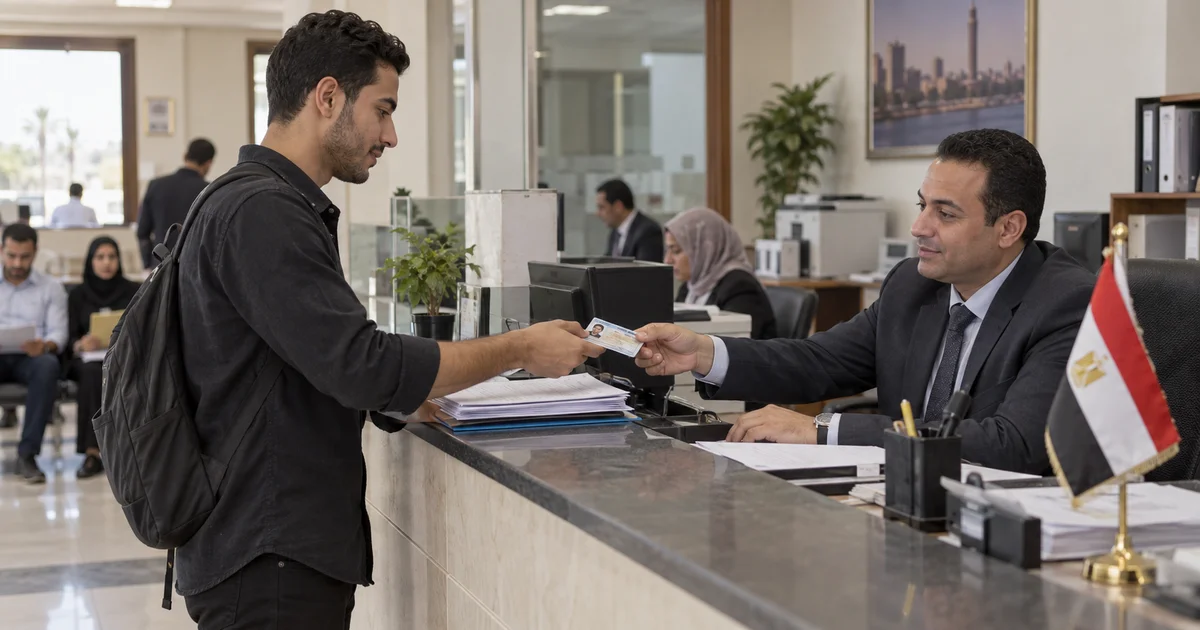 شاب يقدّم بطاقة ومستندات لموظف داخل مكتب تشغيل لاستخراج كعب العمل