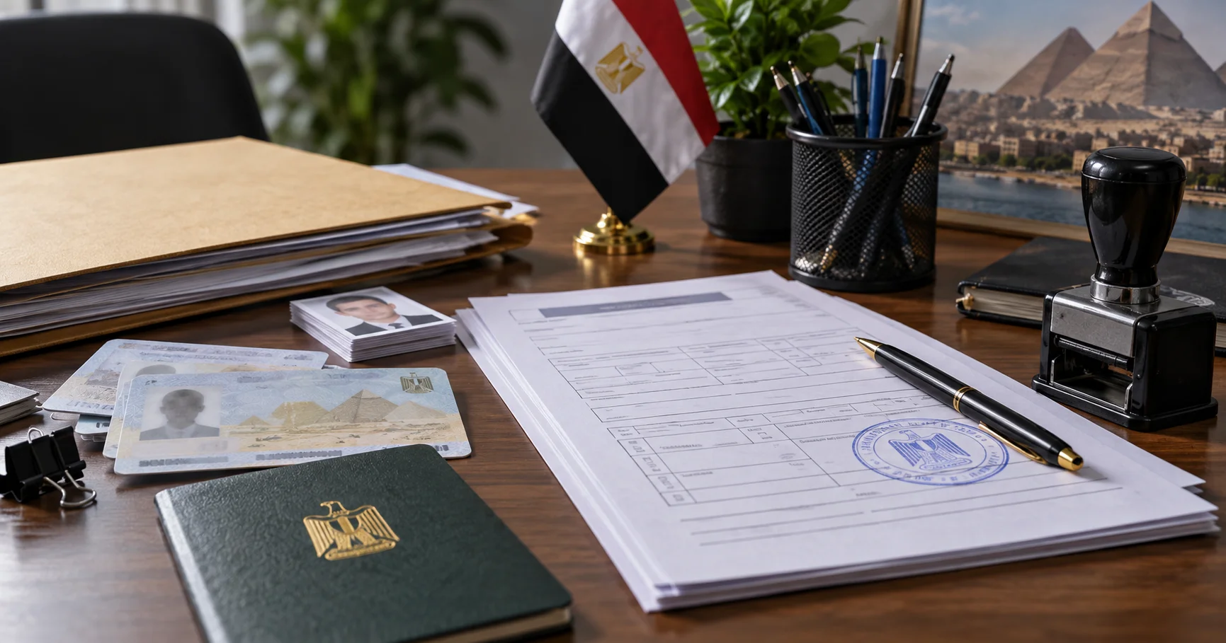 مجموعة من الأوراق الرسمية وبطاقات الهوية المستخدمة في استخراج كعب العمل