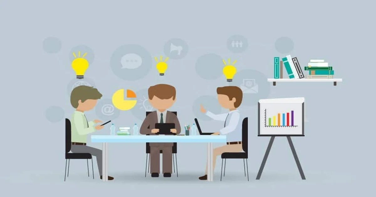 رسم توضيحي عن تأسيس شركات المساهمة في مصر يظهر اجتماع فريق عمل لمناقشة الإدارة ورأس المال وخطة تأسيس الشركة