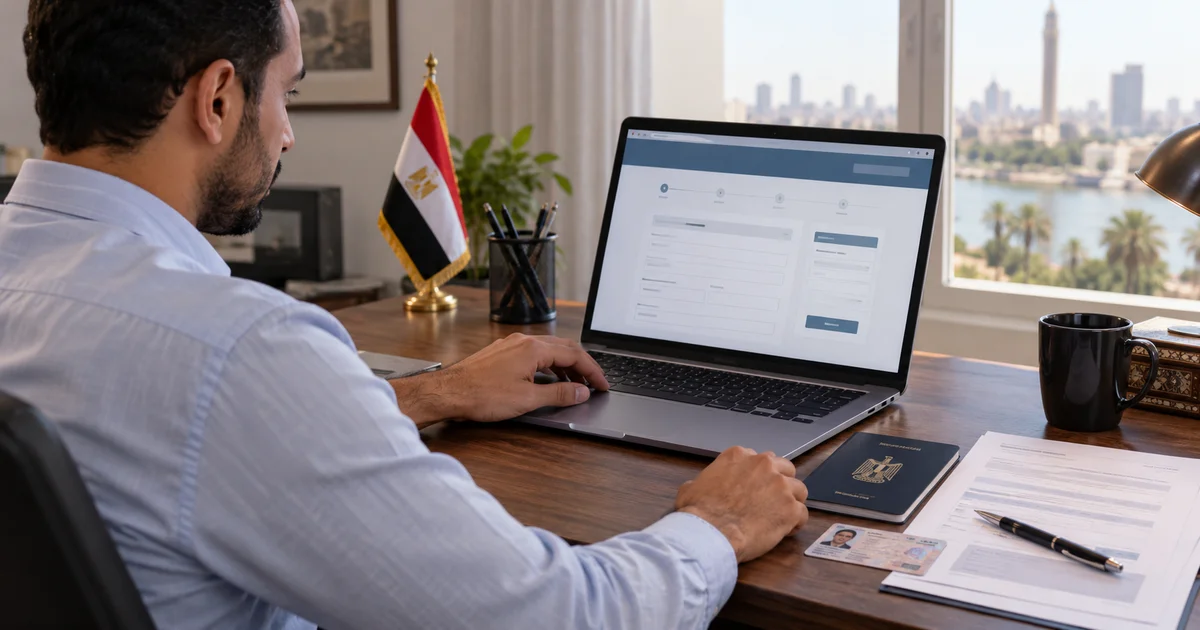 مواطن يقدم طلب تصريح العمل إلكترونيًا عبر الكمبيوتر مع جواز السفر والمستندات المطلوبة