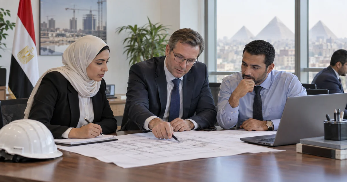 خبير أجنبي يعمل مع موظفين مصريين داخل منشأة وفق ضوابط تشغيل العمالة الأجنبية في مصر