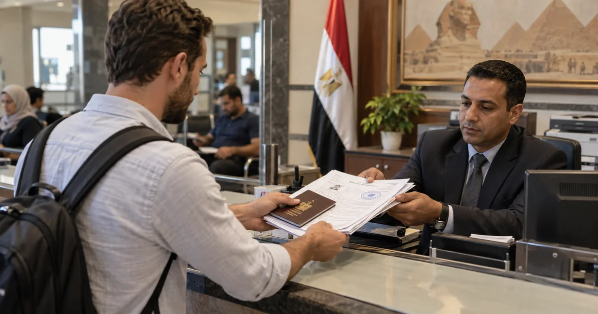 عامل أجنبي يقدم مستندات ترخيص العمل إلى الجهة الإدارية المختصة في مصر