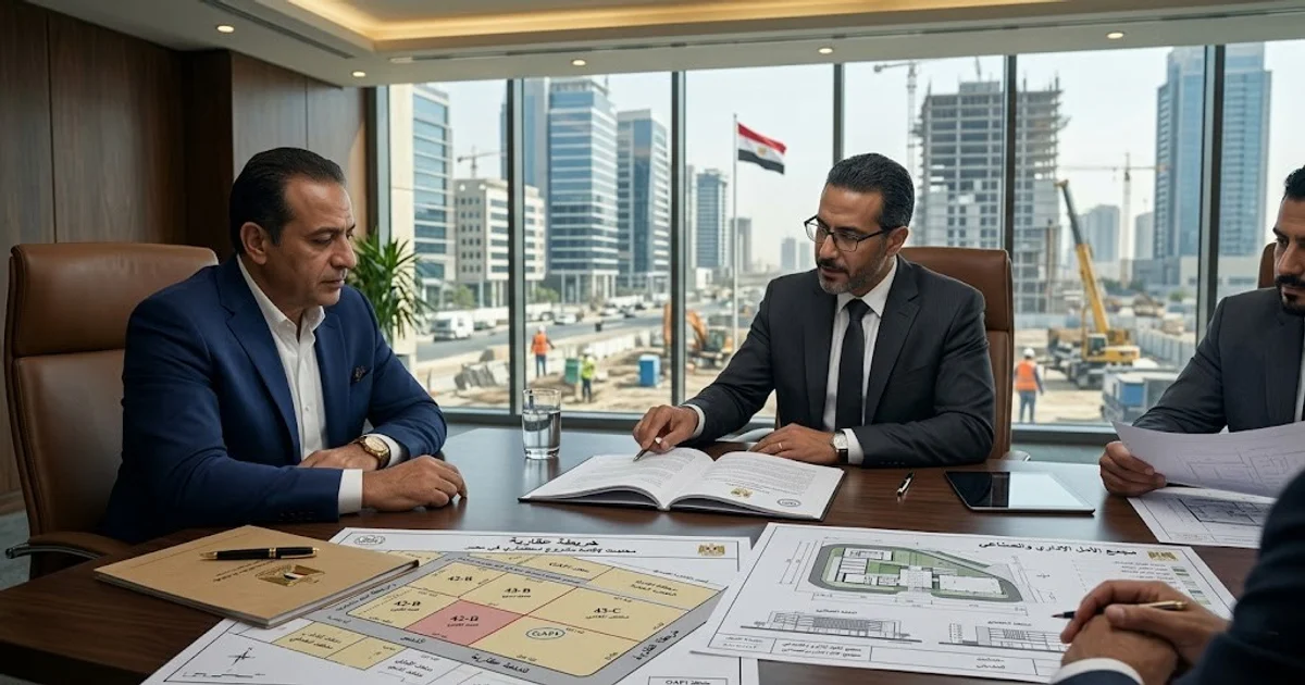 اجتماع قانوني واستثماري في مصر لمراجعة مستندات ومخططات تخصيص العقارات اللازمة لإقامة المشروعات الاستثمارية داخل مكتب يطل على موقع تطوير عقاري.