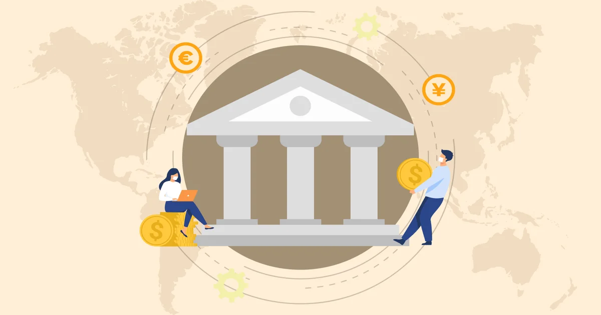 رسم توضيحي عن فتح الحساب البنكى يظهر مبنى بنك وعملات ورقية ورموز مالية تعبر عن الخدمات المصرفية والحسابات البنكية في مصر