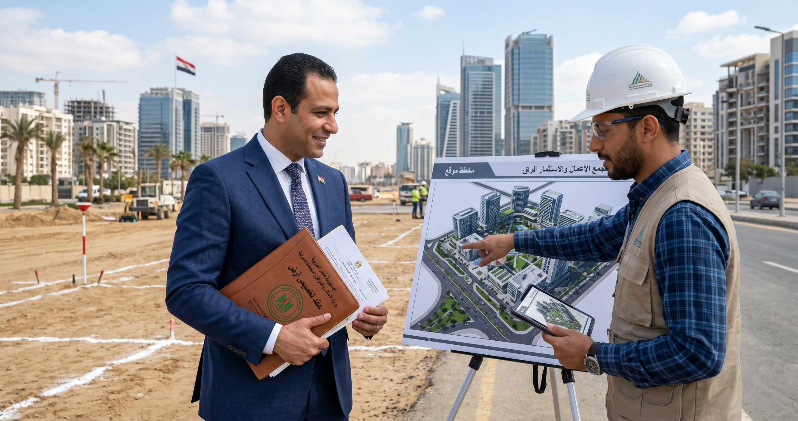 تخصيص العقارات اللازمة لإقامة المشروعات الاستثمارية في مصر بين مستثمر ومهندس يعاينان مخطط مشروع عقاري على أرض استثمارية قيد التطوير.