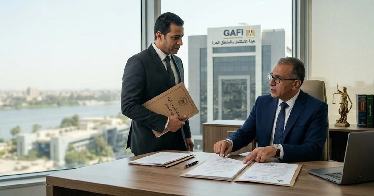 محاميان يراجعان أوراق وإجراءات تأسيس شركة داخل مكتب قانوني أمام مبنى الهيئة العامة للاستثمار والمناطق الحرة في مصر