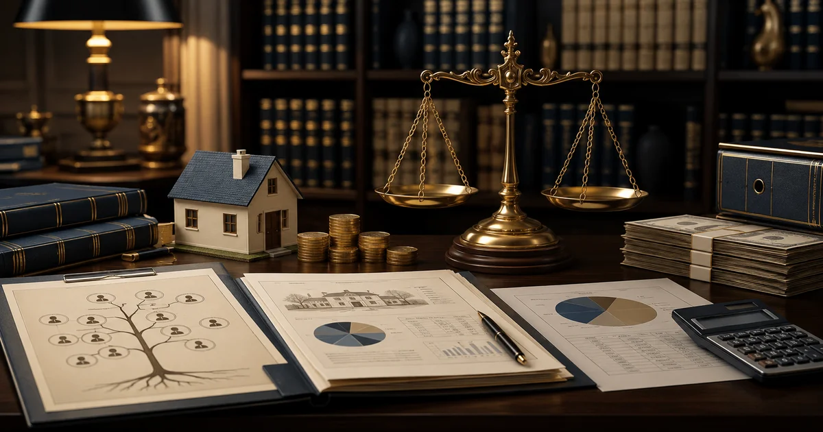 صورة قانونية توضح تقسيم الميراث من خلال ميزان العدالة وأوراق توزيع التركة وشجرة عائلة ونموذج منزل، للدلالة على أصحاب الفروض وحساب الأنصبة الشرعية.