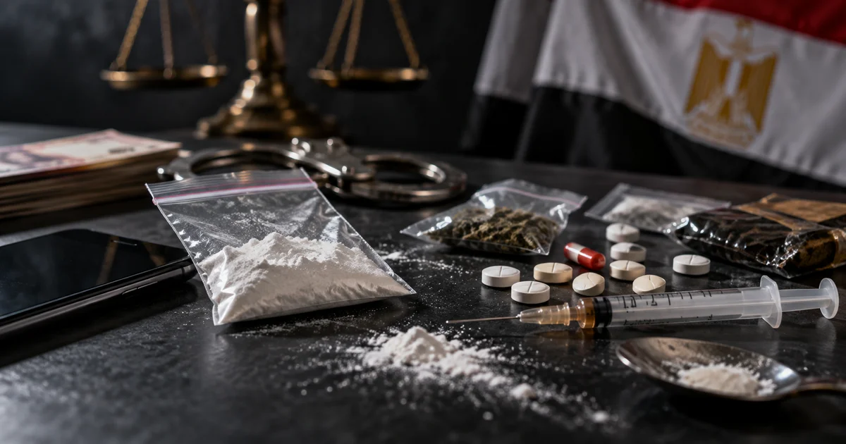 مضبوطات وأدلة جنائية في قضايا تعاطي المخدرات في مصر تشمل المواد المخدرة وأدوات التعاطي.