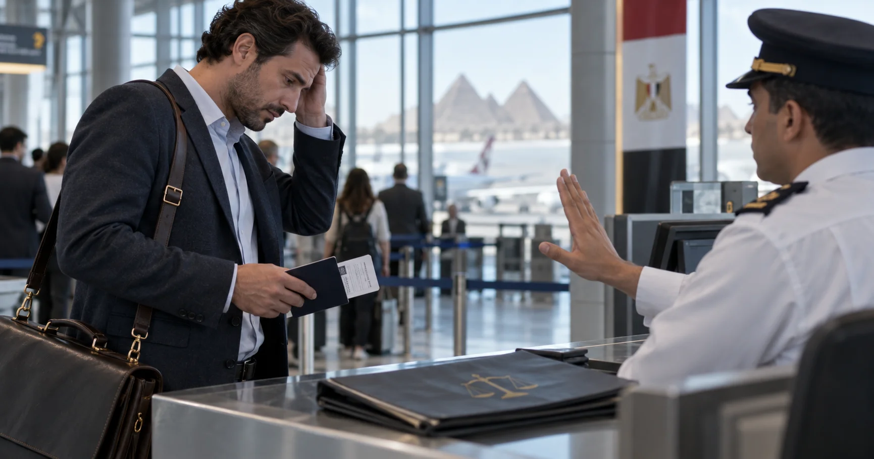مسافر يحمل جواز السفر داخل المطار أثناء إيقافه عن السفر ضمن شرح إجراءات المنع من السفر في القانون المصري
