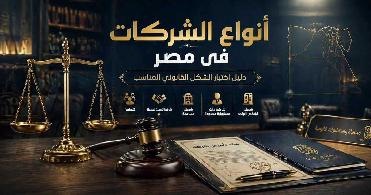 صورة قانونية احترافية بعنوان أنواع الشركات فى مصر توضح اختيار الشكل القانوني المناسب للشركة من خلال ميزان العدالة ومطرقة قانونية وعقد تأسيس شركة.