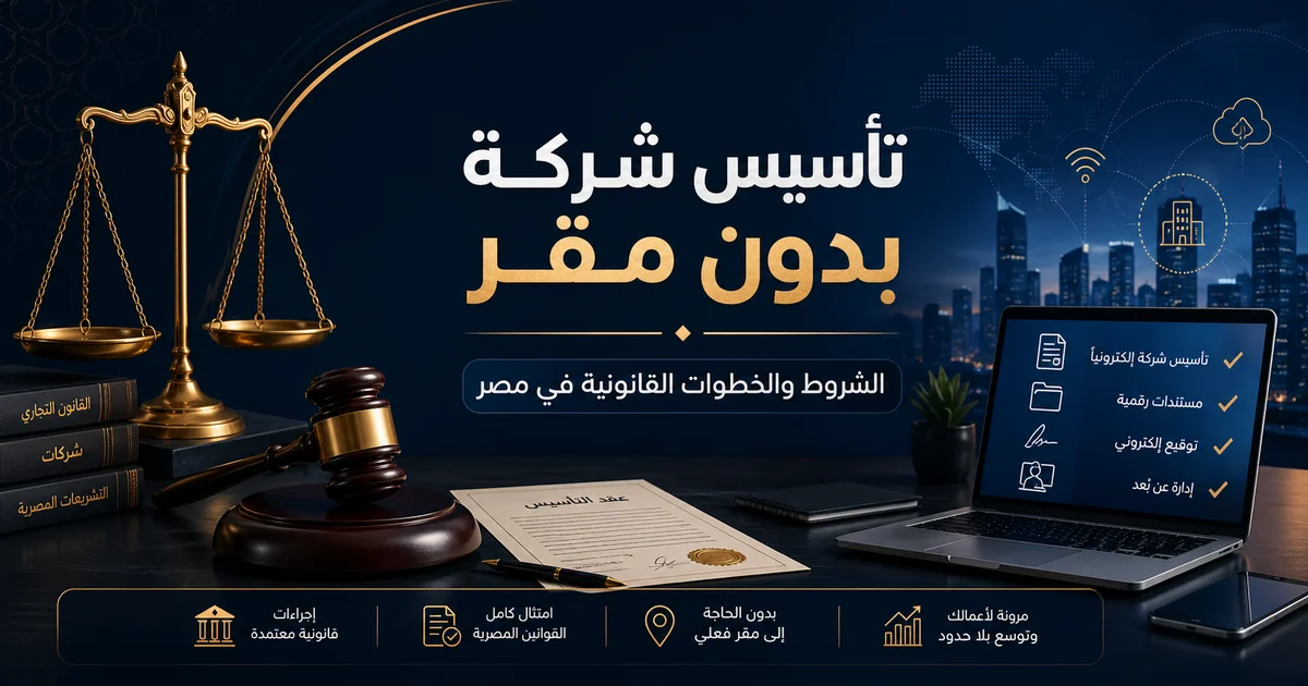 تأسيس شركة بدون مقر في مصر مع ميزان عدالة ومطرقة قانونية ولابتوب يوضح إجراءات التسجيل الرقمي والشروط القانونية لتأسيس الشركات.