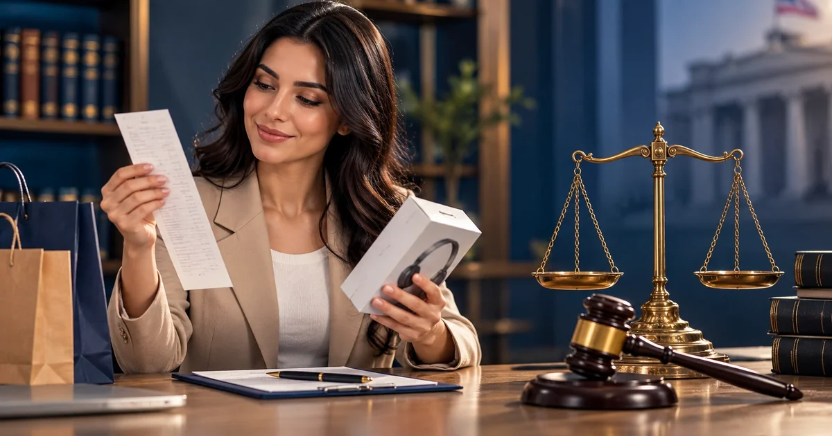 مستهلكة تراجع فاتورة الشراء والمنتج لإثبات حقوقها وفق قانون حماية المستهلك.