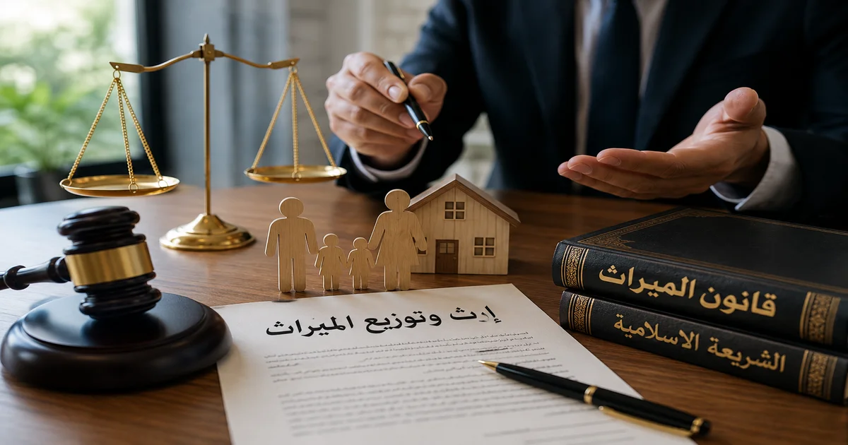 محامي الإرث يشرح إجراءات إعلام الوراثة وتقسيم الميراث بين الورثة مع مستندات قانونية وميزان العدالة.