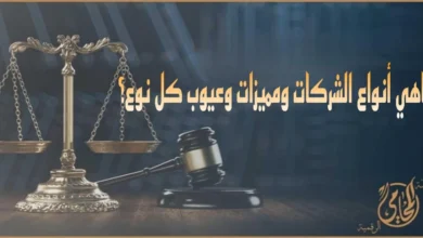 صورة توضيحية عن أنواع الشركات في مصر ومميزات وعيوب كل نوع، يظهر بها ميزان العدالة ومطرقة قاضٍ مع عنوان قانوني لمنصة المحامي الرقمية.