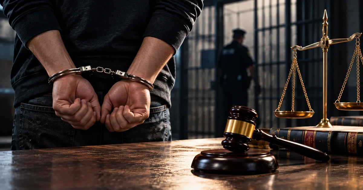متهم مقيد اليدين أثناء إجراءات قضية اتجار بالمخدرات مع رموز العدالة