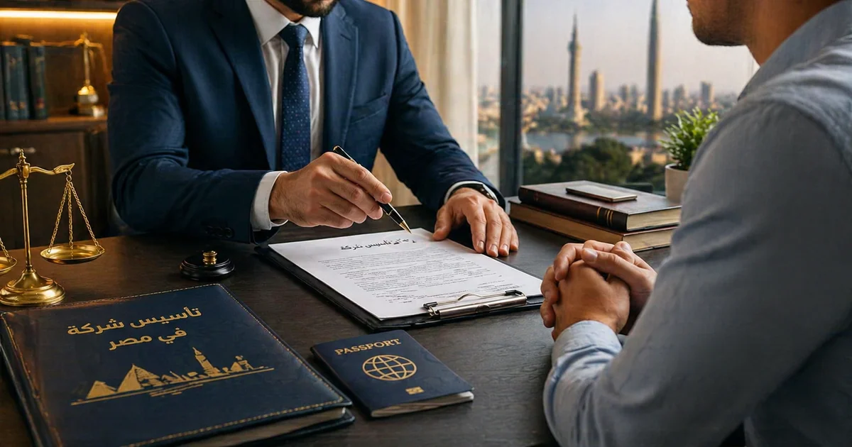 محامٍ يراجع مستندات تأسيس شركة مع مستثمر أجنبي داخل مكتب قانوني، وبجواره جواز سفر وملف تأسيس شركة في مصر لتوضيح إجراءات فتح شركة للاجانب في مصر.