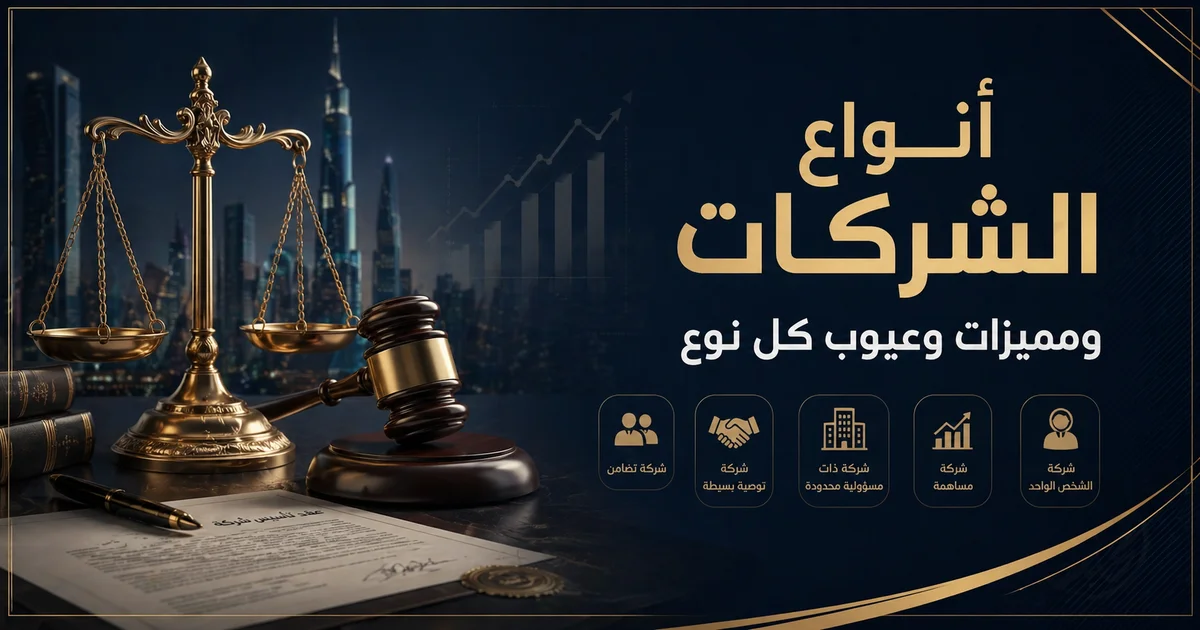 صورة قانونية توضح أنواع الشركات في مصر ومميزات وعيوب كل نوع، مع ميزان عدالة ومطرقة قاضٍ وخلفية أعمال وشركات.