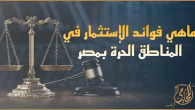 فوائد الإستثمار في المناطق الحرة بمصر مع ميزان العدالة ومطرقة القانون في خلفية قانونية احترافية.