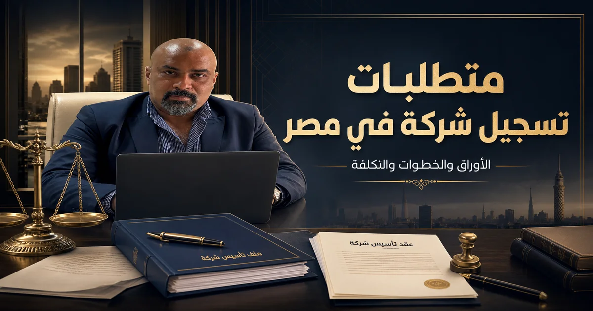 متطلبات تسجيل شركة في مصر مع محامي داخل مكتب قانوني وأوراق عقد التأسيس وميزان العدالة لتوضيح خطوات تأسيس الشركة والتكلفة.