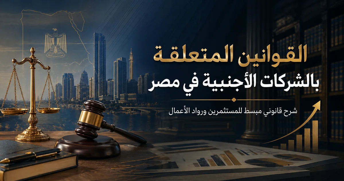 القوانين المتعلقة بالشركات الاجنبية في مصر مع ميزان العدالة ومطرقة المحكمة وخلفية استثمارية توضح الإطار القانوني لتأسيس الشركات الأجنبية.