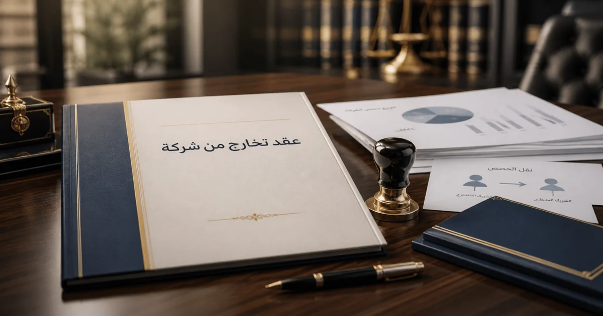 عقد تخارج من شركة في مصر على مكتب قانوني مع مستندات نقل الحصص وختم رسمي لتوضيح خروج الشريك وتسوية الحقوق بين الشركاء.
