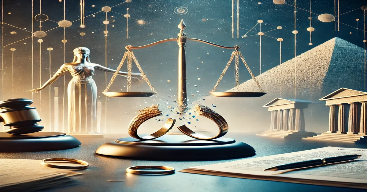 إجراءات الطلاق في مصر مع ميزان العدالة وخواتم الزواج المكسورة داخل مشهد قانوني
