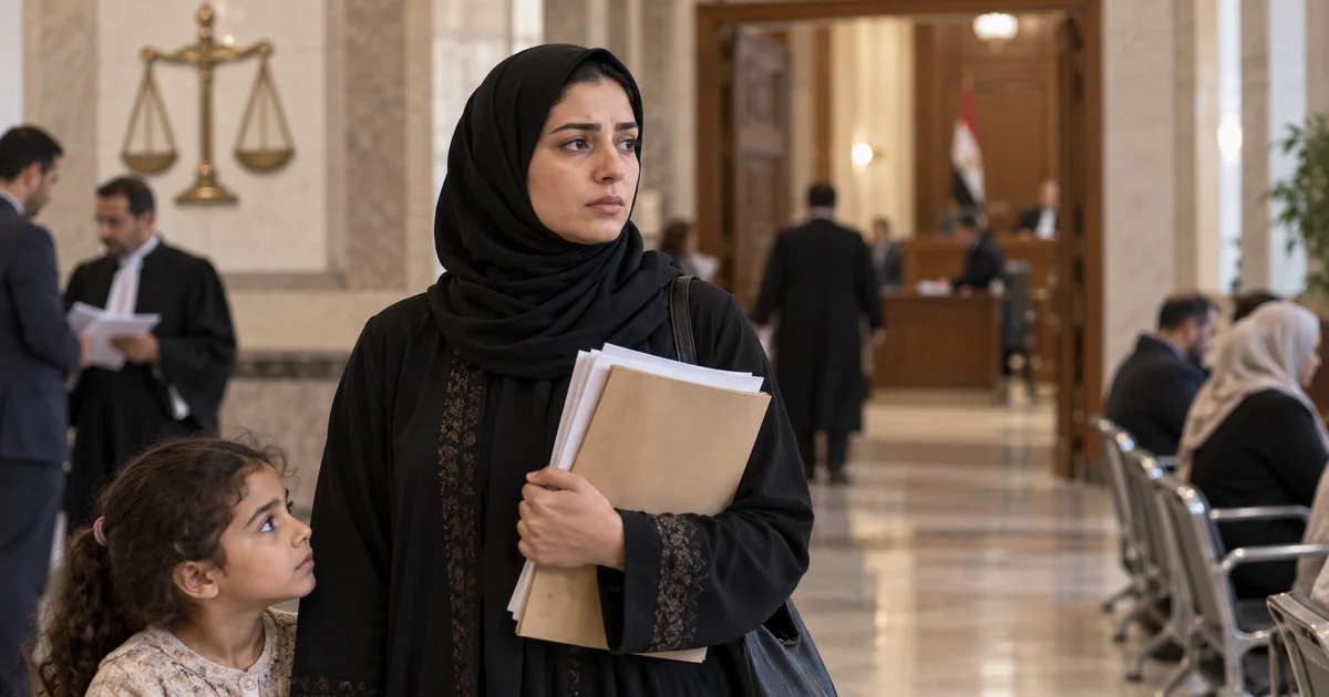 مطلقة تحمل مستندات أمام محكمة الأسرة في نزاع متعلق بالزواج العرفي وإثبات الحقوق