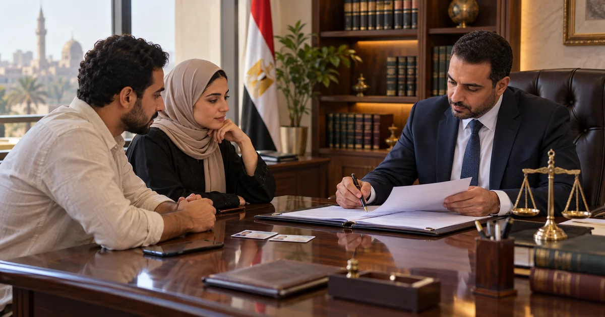 محامي يراجع عقد زواج عرفي مع الزوجين داخل مكتب قانوني في مصر