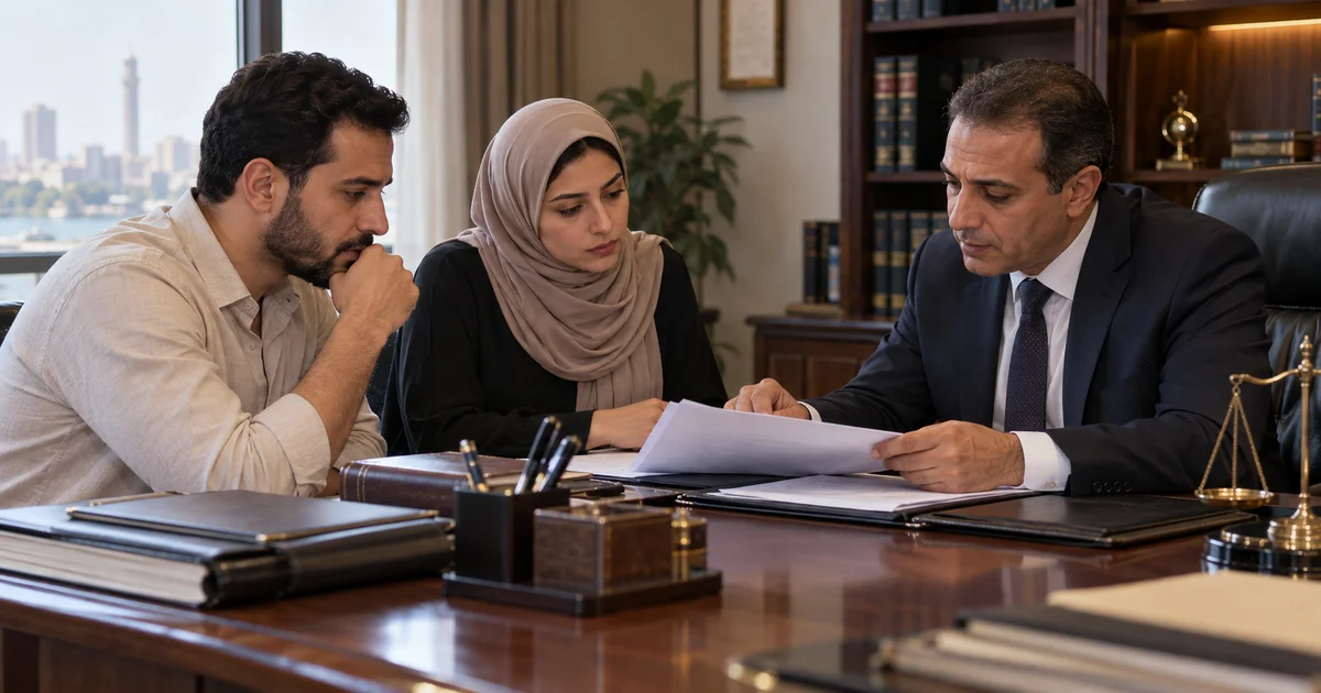 زوجان يراجعان مستندات الزواج العرفي مع محامٍ داخل مكتب قانوني