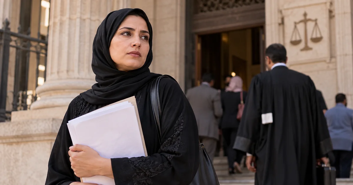 سيدة تحمل مستندات أمام المحكمة في نزاع متعلق بإثبات الزواج العرفي