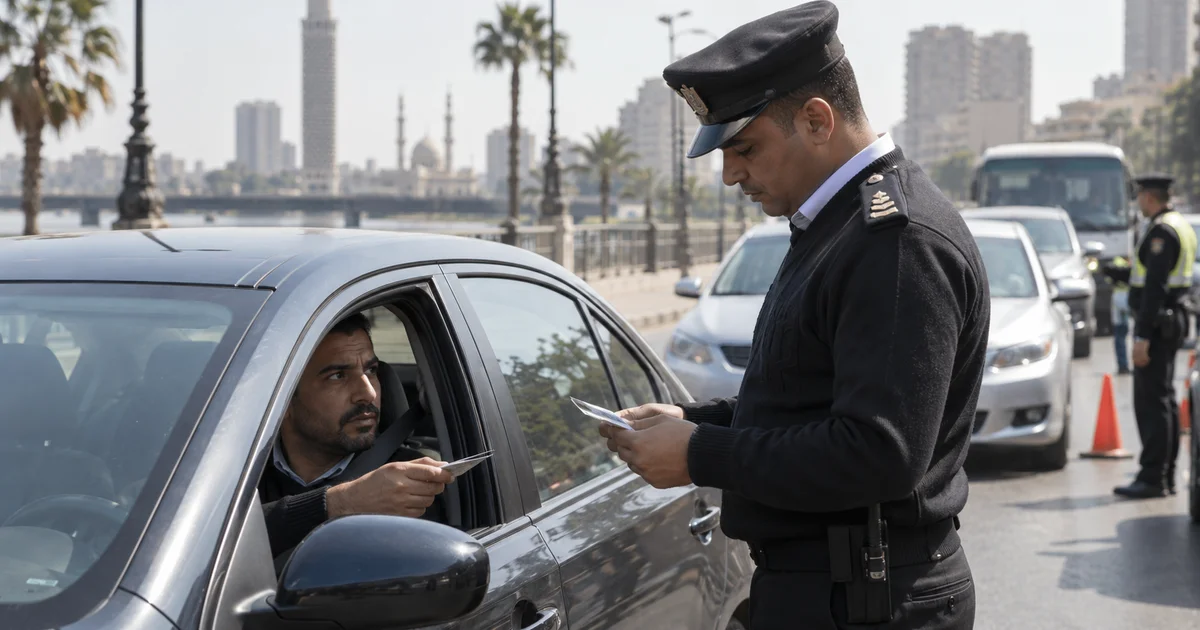 ضابط مرور يفحص رخصة سائق سيارة ضمن شرح عقوبة القيادة بدون رخصة في مصر