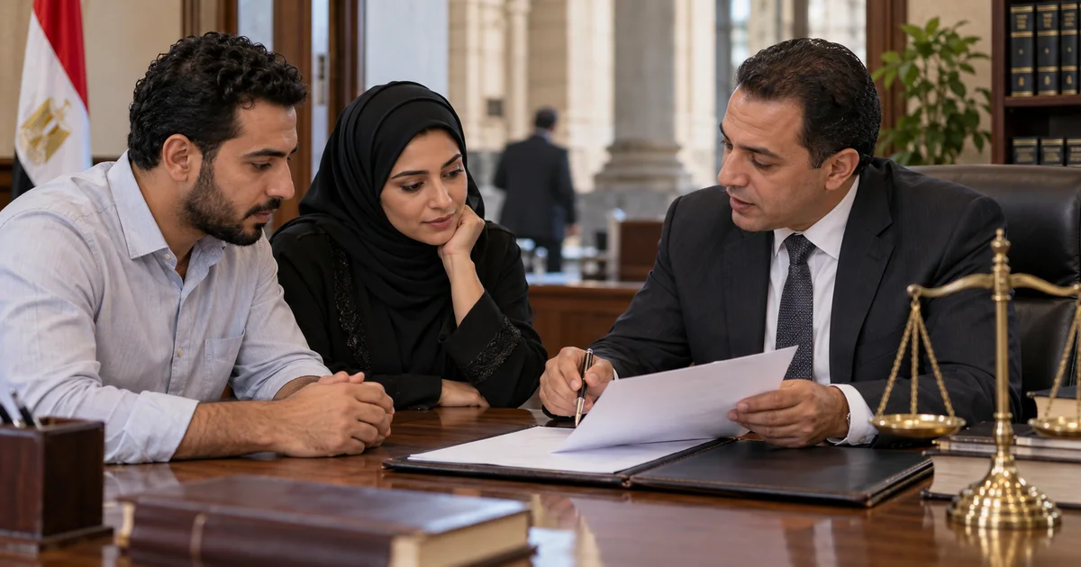 زوجان يراجعان مستندات الزواج العرفي مع محامٍ في مكتب قانوني بمصر