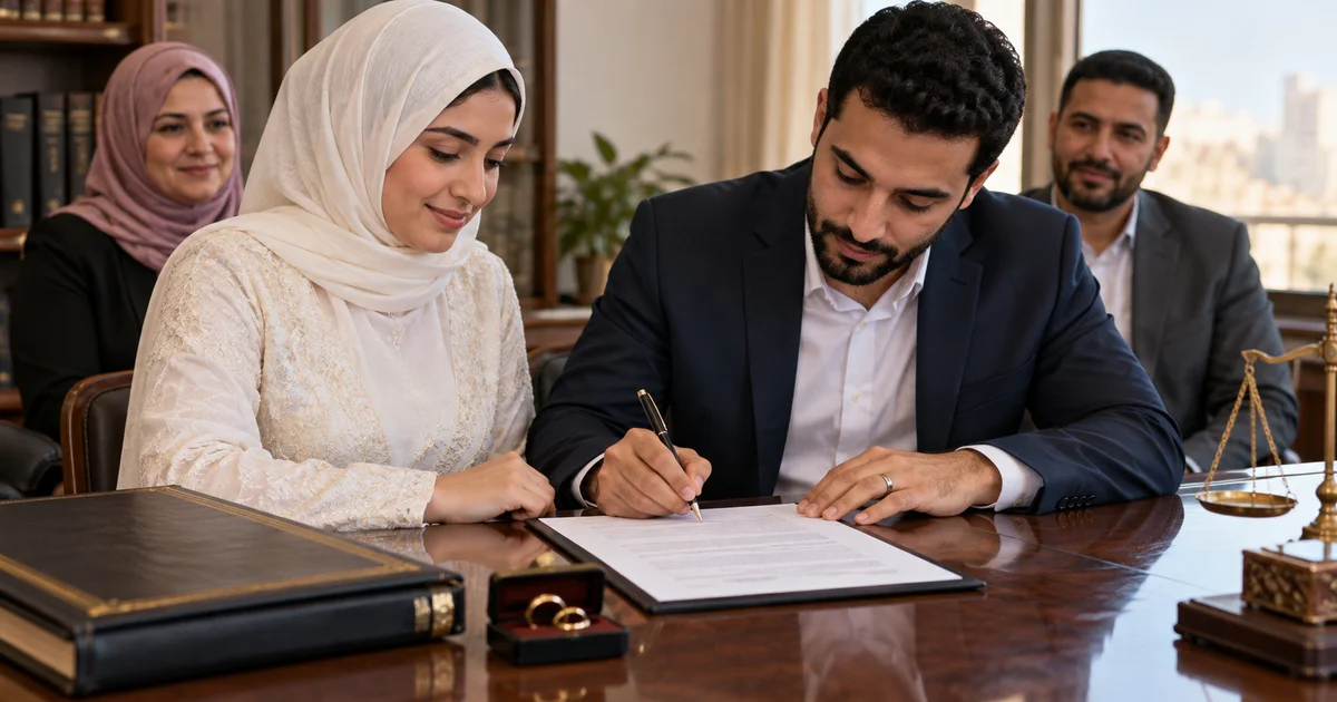 زوج وزوجة يوقعان عقد زواج عرفي بحضور شاهدين في مكتب قانوني