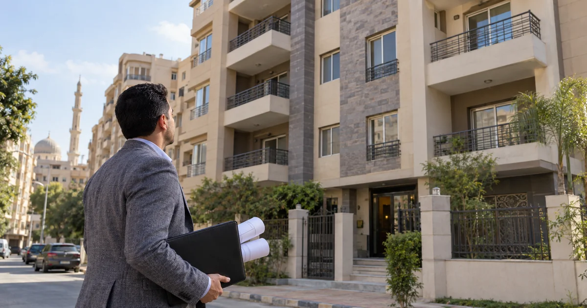 شخص يعاين عقارًا سكنيًا ويحمل مستندات ومخططات ضمن إجراءات تسجيل شقة في الشهر العقاري
