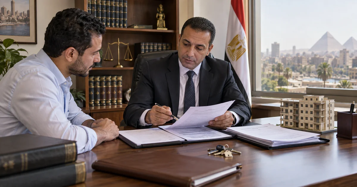 محامٍ يراجع مع عميل مستندات تسجيل شقة وعقد البيع قبل تقديمها للشهر العقاري