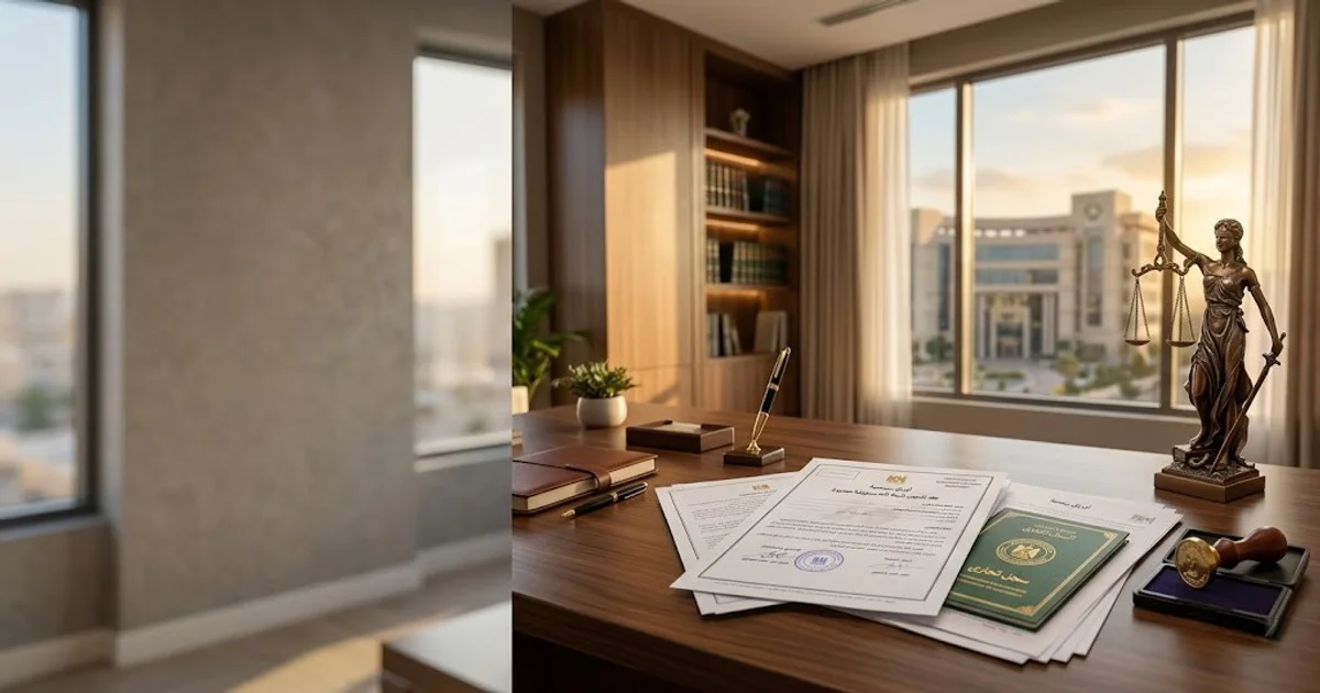 مستندات تأسيس شركة ذات مسؤولية محدودة في مصر داخل مكتب قانوني، تشمل عقود رسمية وسجل تجاري وختم قانوني مع تمثال العدالة، للتعبير عن إجراءات تأسيس الشركات وحماية حقوق الشركاء.