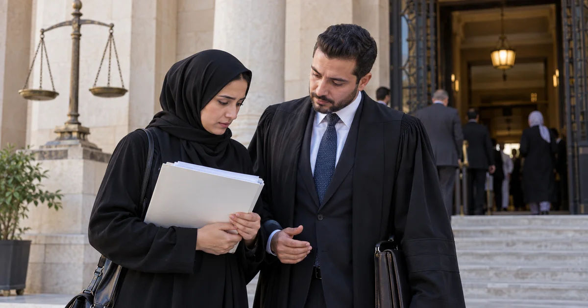 سيدة ومحامٍ أمام المحكمة أثناء مراجعة ملف دعوى إثبات زواج عرفي