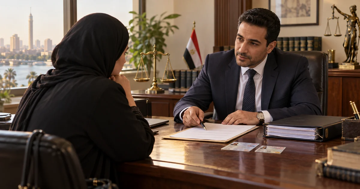 محامٍ يراجع مستندات دعوي إثبات زواج عرفي مع سيدة داخل مكتب قانوني