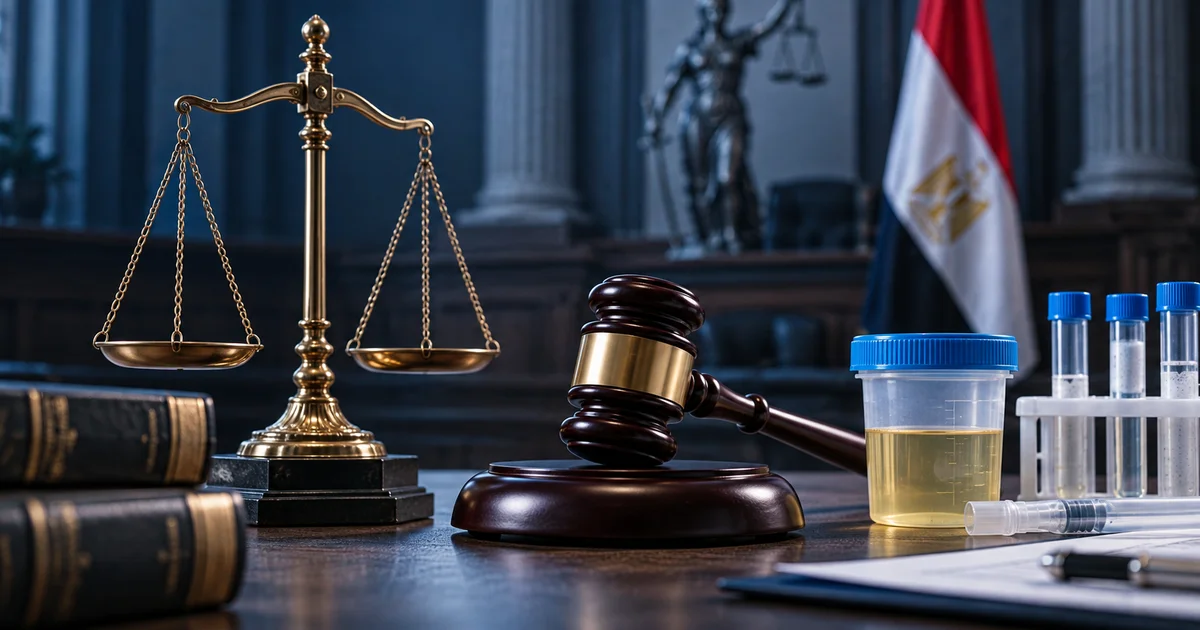 عينة تحليل المخدرات والأدلة الجنائية بجانب ميزان العدالة لتوضيح أهمية التحريز وسلامة العينة في إثبات البراءة.