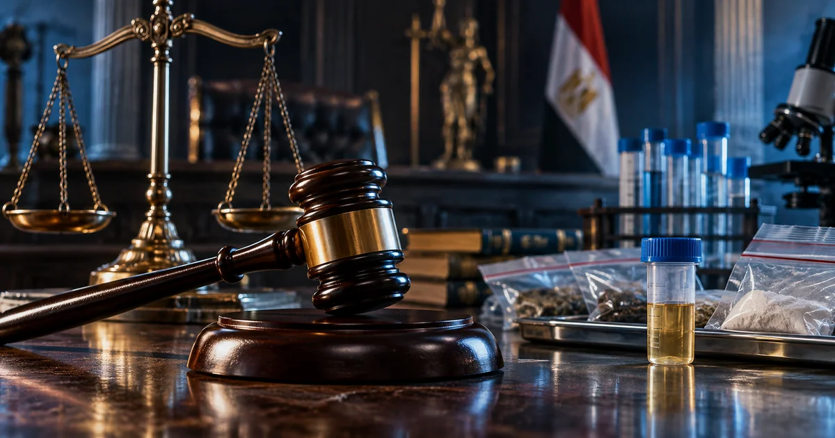 ميزان العدالة ومطرقة القضاء بجانب عينة تحليل المخدرات لتوضيح أثر سلامة الدليل الفني في قضايا البراءة.