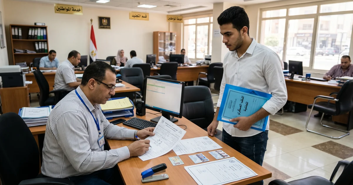 طالب مصري يراجع نموذج 2/3 جند للطلبةداخل مكتب إداري أثناء تجهيز أوراق التأجيل الدراسي للتجنيد.