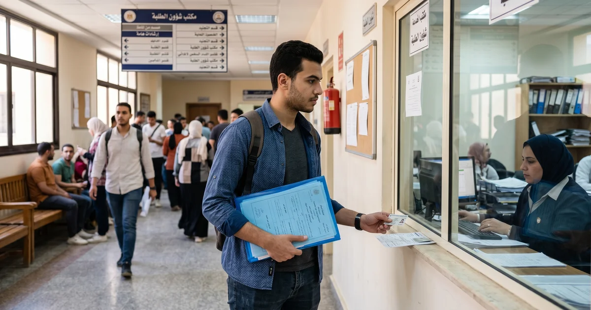 طالب جامعي مصري يحمل ملف نموذج 2/3 جند للطلبة أمام شباك إداري داخل جامعة أثناء استكمال إجراءات التأجيل الدراسي.