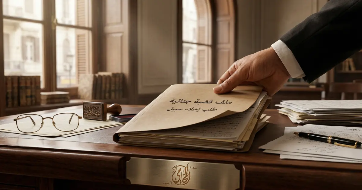 محامٍ مصري يراجع أوراق قضية جنائية ويجهز طلب إخلاء السبيل في القانون المصري داخل مكتب محاماة.