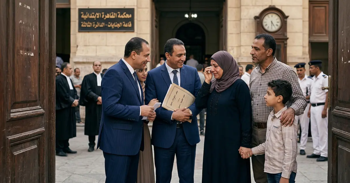 أسرة مصرية تقف مع محامٍ أمام محكمة مصرية لمتابعة إجراءات إخلاء السبيل في القانون المصري.
