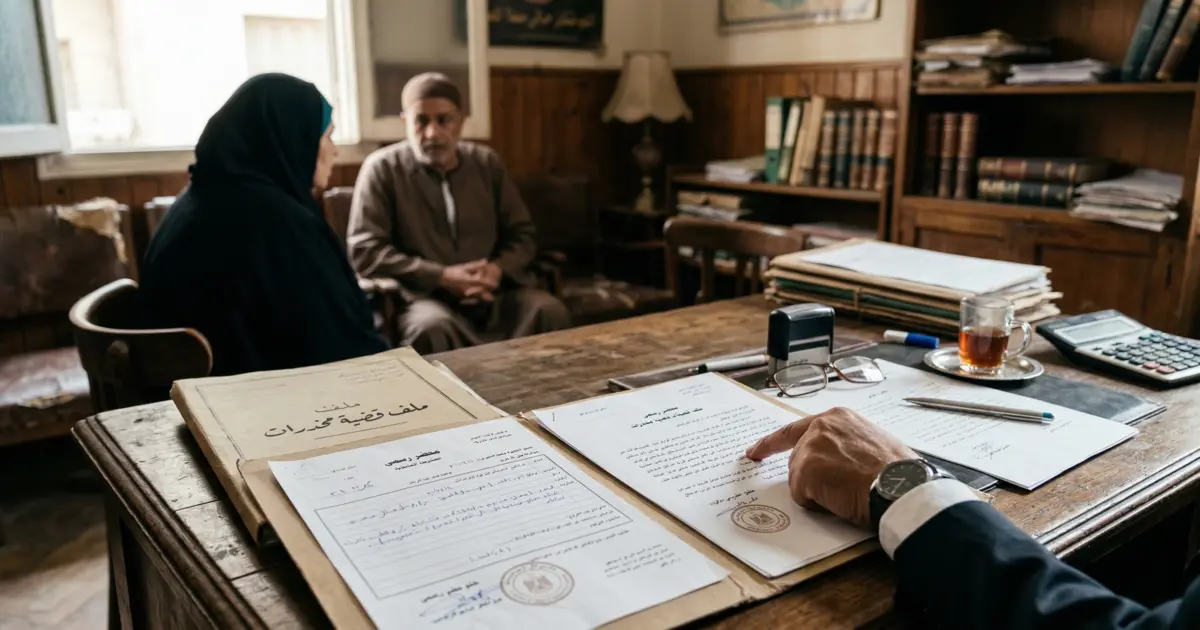 أسرة تراجع ملف قضية مخدرات داخل مكتب محاماة لفهم الموقف القانوني بعد القبض على الابن.