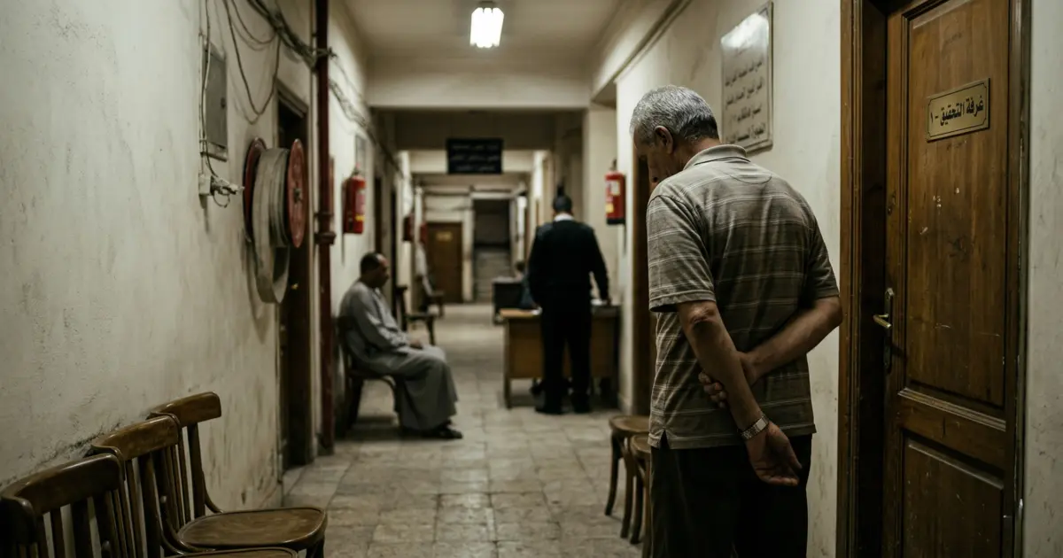 أب يقف بقلق في ممر جهة تحقيق أثناء متابعة إجراءات قضية مخدرات تخص ابنه.