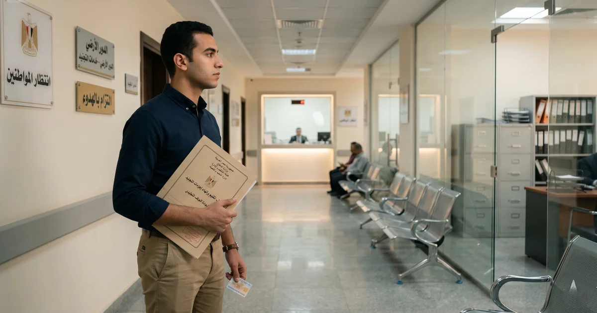 شاب مصري يقدّم أوراق استخراج شهادة الموقف التجنيدي إلى موظف داخل مقر حكومي في مصر في مشهد واقعي يوضح إجراءات المراجعة الرسمية.