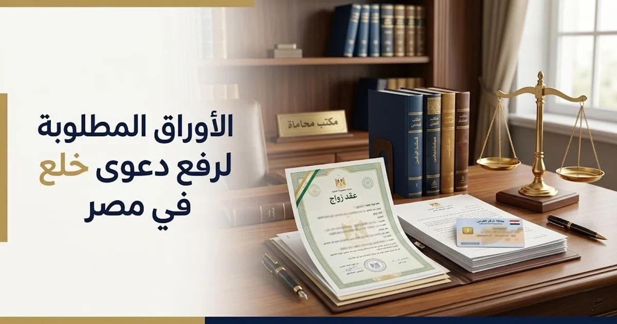 صورة مميزة توضح الأوراق المطلوبة لرفع دعوى خلع في مصر داخل مكتب محاماة، مع وثيقة زواج مصرية وملف مستندات وبطاقة رقم قومي وميزان العدالة.