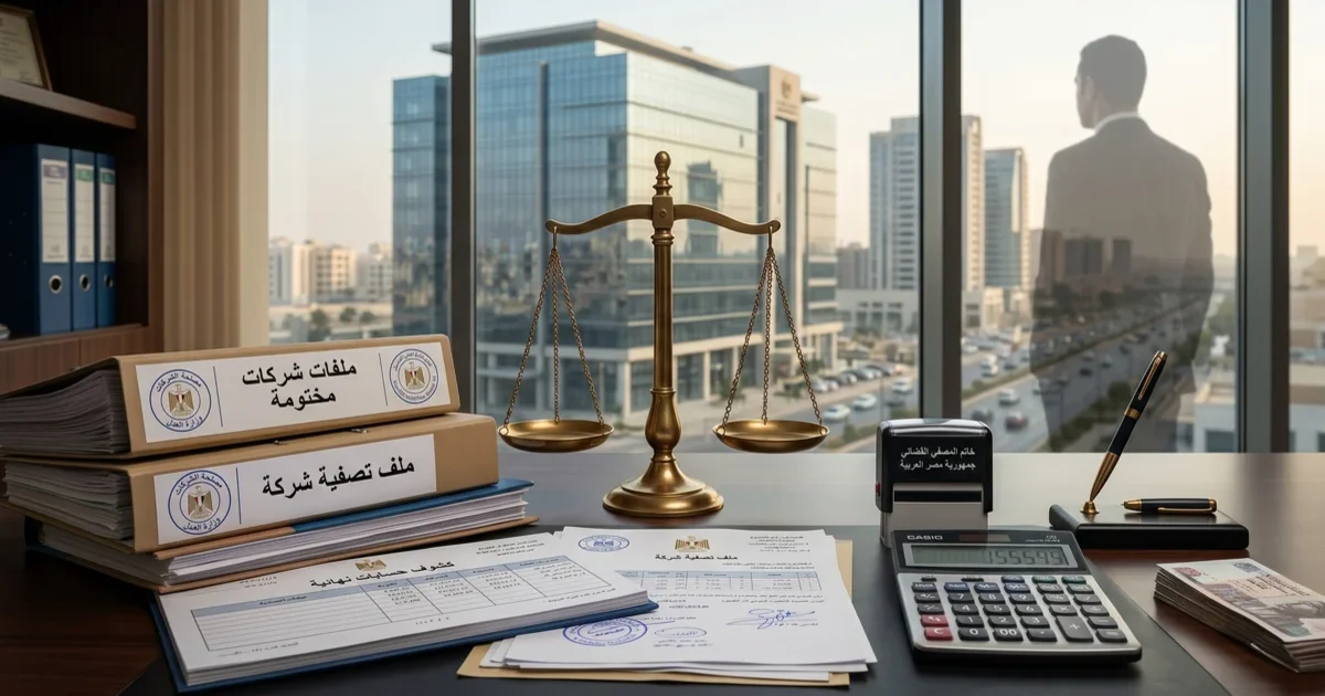 الإجراءات القانونية لتصفية شركة في مصر مع ملفات الشركة المختومة والمستندات المالية قبل الشطب النهائي.