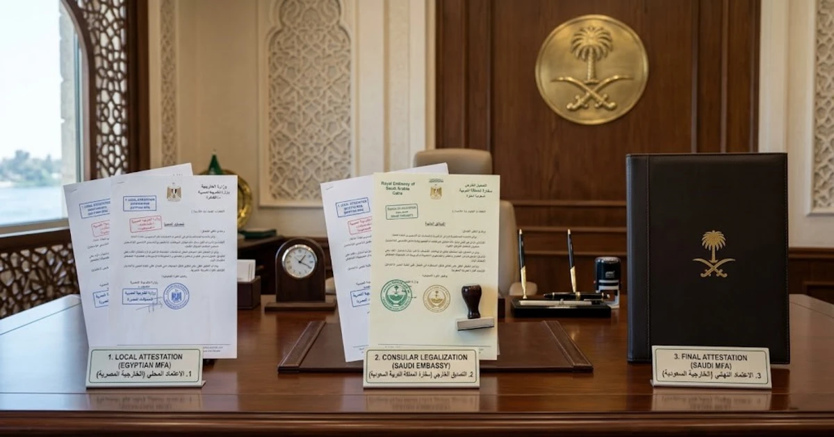 توضيح مراحل توثيق السفارة السعودية بالقاهرة من التصديق المحلي المصري حتى الاعتماد النهائي على مستندات رسمية داخل مكتب دبلوماسي بطابع سعودي